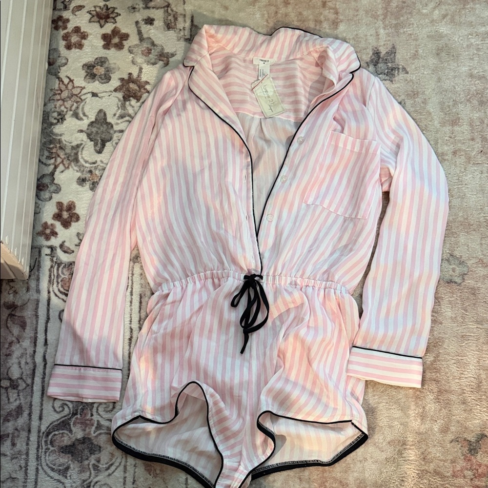Forever 21 Pink and White Striped pajama romper